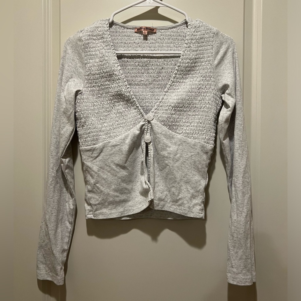 NWOT Loungewear Top Heather Grey Neutral Long Sleeve Button Stretchy Babydoll